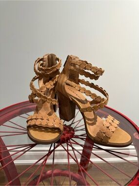 Lucky Brand Tan Floral-Trim Block Heel Sandals